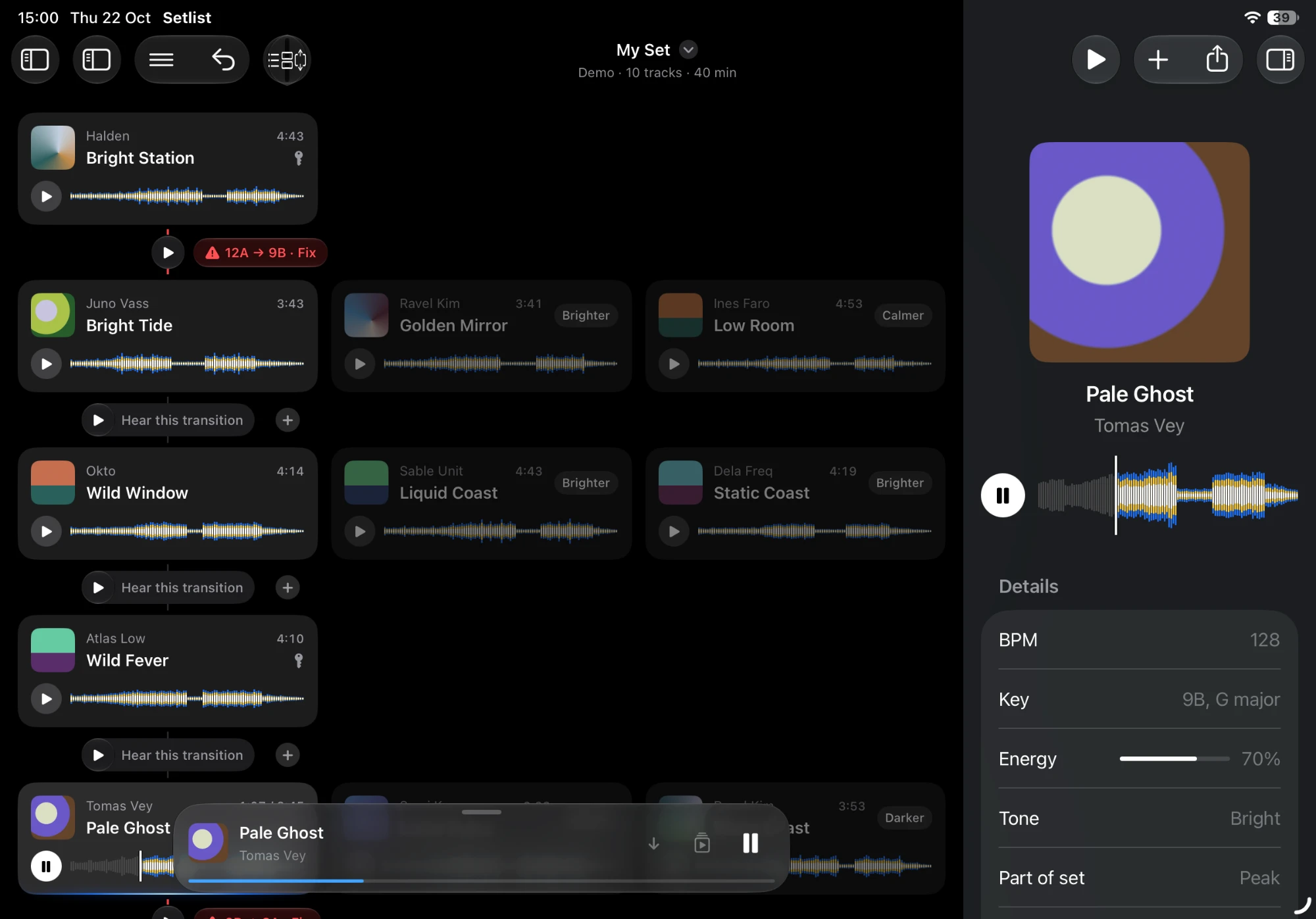 Setlist on iPad: the set in the middle with alternatives for each slot, and the track inspector with BPM, key and energy on the right