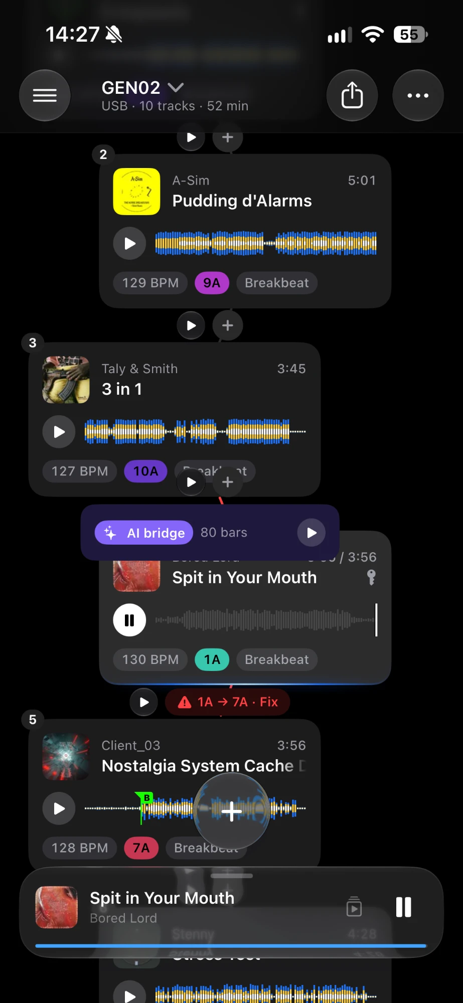 Setlist on iPhone: an AI bridge card between two tracks and a key clash marked with a Fix button