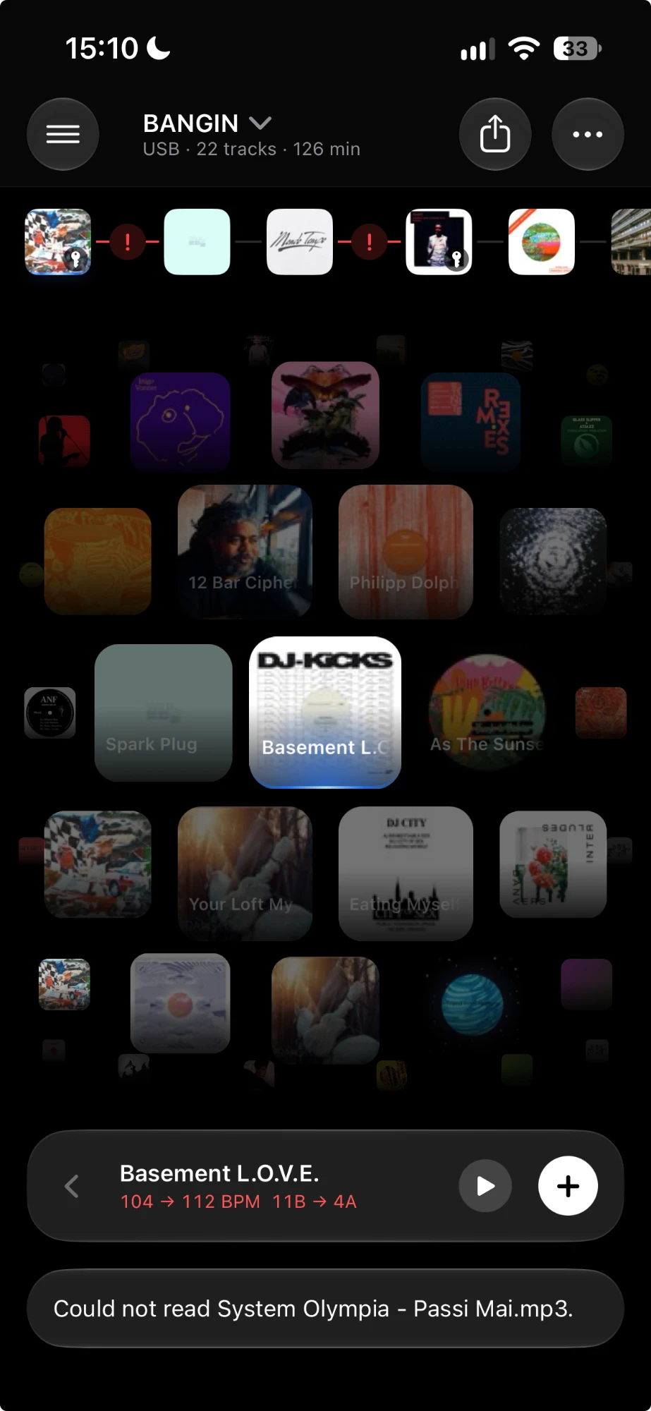 Setlist on iPhone: a set of tracks across the top, with the library as album art below and the next track ready to add