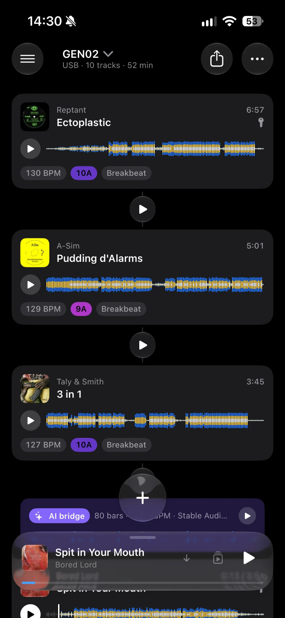 Setlist on iPhone: a set of breakbeat tracks with BPM, key and genre tags and a play button between each pair
